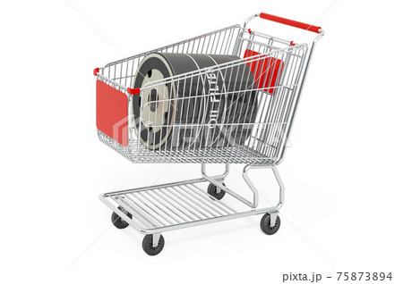 Shopping cart with car oil filter, 3D rendering Shopping cart with car oil filter, 3D rendering 75873894