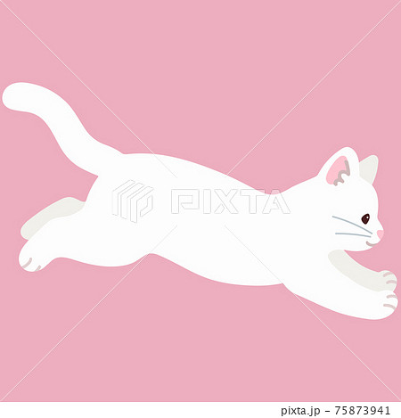 ジャンプするシンプルで可愛い白猫のイラスト 主線なしのイラスト素材
