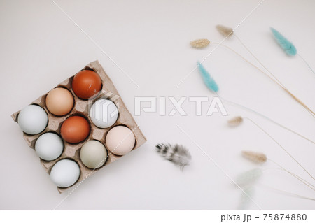 fresh chicken eggs of natural shades and colors in a recycled box on a white background 75874880