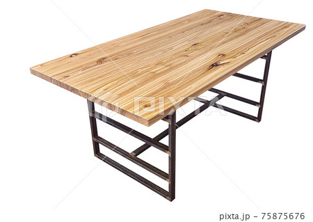 Live edge elm desk with metal base on white background 75875676