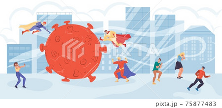 Flat cartoon superhero characters fight coronavirus,covid prevention vector illustration concept Flat cartoon superhero characters fight coronavirus,covid prevention vector illustration concept 75877483