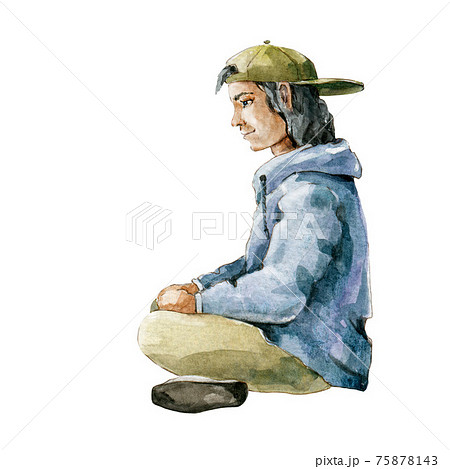 Young man in cap sitting side view. Watercolor illustration. Side view relaxed single person. Isolated on white background. Alone person resting image. Hand drawn element Young man in cap sitting side view. Watercolor illustration. Side view relaxed single person. Isolated on white background. Alone person resting image. Hand drawn element 75878143