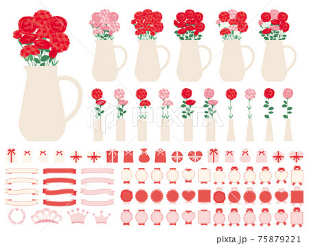 カーネーションとバラを入れた花瓶のイラストセット 母の日に贈る花 75879221