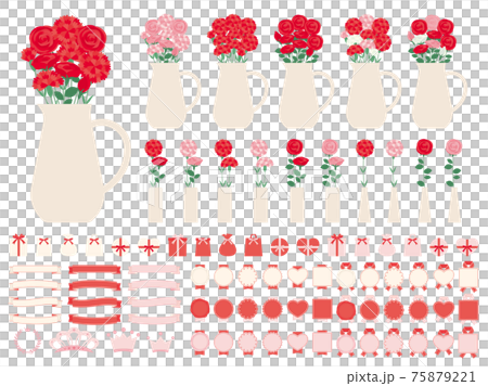 カーネーションとバラを入れた花瓶のイラストセット 母の日に贈る花 75879221
