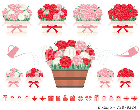 カーネーションとバラを植えた鉢のイラストセット 母の日に贈る花のイラスト素材
