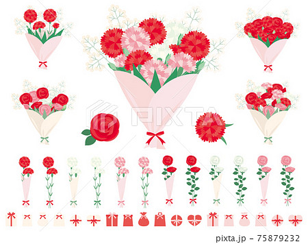 カーネーションとバラを花束にしたイラストセット 母の日に贈る花のイラスト素材