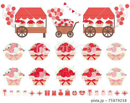 カーネーションとバラをフラワーアレンジメントした編みカゴのイラストセット 母の日に贈る花のイラスト素材 カーネーションとバラをフラワーアレンジメントした編みカゴのイラストセット 母の日に贈る花のイラスト素材