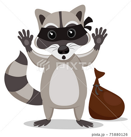 A raccoon in a mask raised his paws up, a raccoon a thief. Character 75880126