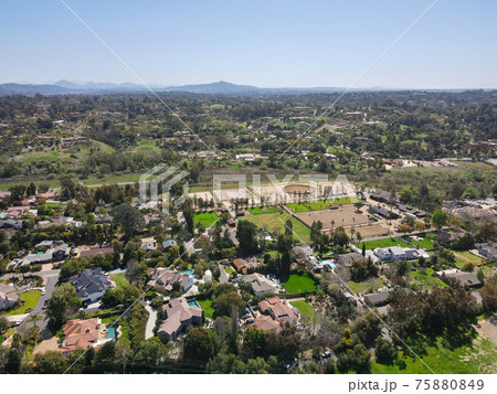 Aerial view of Rancho Santa Fe neighborhood with big mansions in San Diego, California, USA. 75880849