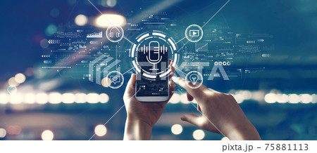 Podcast theme with person using smartphone Podcast theme with person using smartphone 75881113