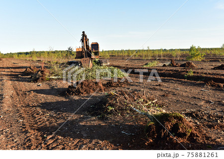 Excavator digging drainage ditch in peat extraction site.  75881261