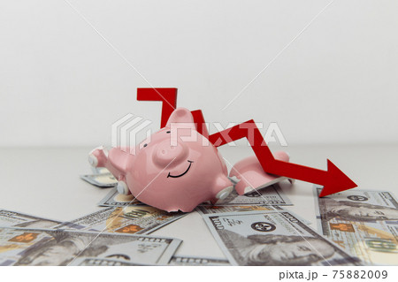 Broken piggy bank and red arrow down with dollar banknotes isolated on white. Investment and bankruptcy concept Broken piggy bank and red arrow down with dollar banknotes isolated on white. Investment and bankruptcy concept 75882009