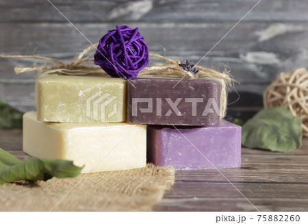 soap of light shades from natural ingredients on a wooden surface 75882260