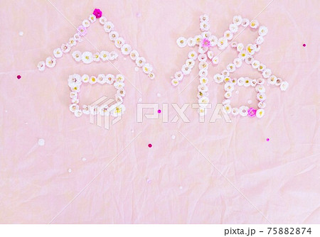 ピンクの背景に沢山の梅の花で作った横書きの合格の漢字の写真素材 7574