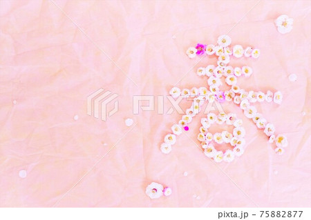 ピンクの背景にたくさんの梅の花で作った春の漢字の写真素材 7577