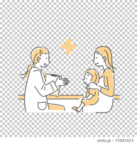 医療機関でお母さんと一緒に診察を受ける女の子のシンプルでおしゃれな線画イラスト 75883023