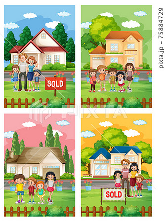 Different scenes of family standing in front of a house for sale 75884729