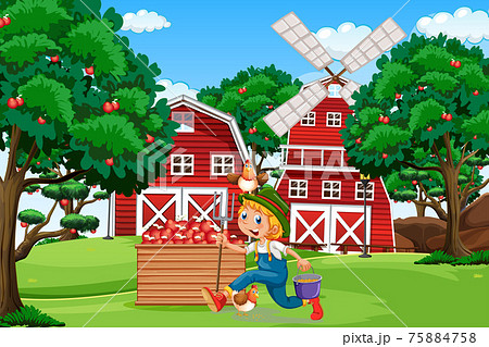 Farm scene with red barn and windmill 75884758