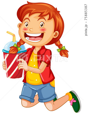Happy girl cartoon character holding a drink plastic cup Happy girl cartoon character holding a drink plastic cup 75885387