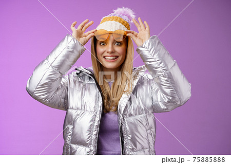 Amazed attractive fascinated young female traveler take off sunglasses check-out stunning perfect view snowy mountains smiling like child impressed satisfied perfect honeymoon trip winter 75885888