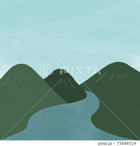 山の中を流れる川の手描き風景イラストのイラスト素材