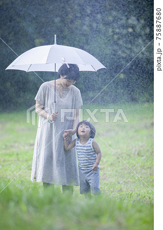 雨の日に傘をさして歩く親子 雨の日に傘をさして歩く親子 75887680