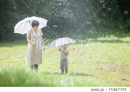 雨の日に傘をさして歩く親子 雨の日に傘をさして歩く親子 75887705