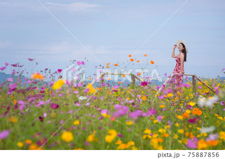 Beautiful woman in nature flower. Beautiful woman in nature flower. 75887856