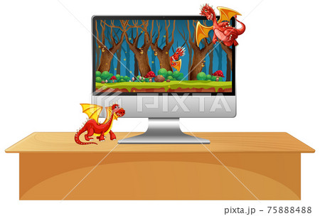 Computer monitor on the table with dragon cartoon character on screen Computer monitor on the table with dragon cartoon character on screen 75888488