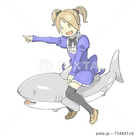 サメに乗っている元気なツインテールの女の子のイラスト素材