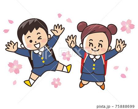 ジャンプする小学生と桜　入学 75888699