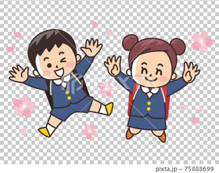 ジャンプする小学生と桜　入学 75888699