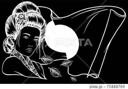white silhouette of Beautiful Geisha with leaves and japan flag 75888704