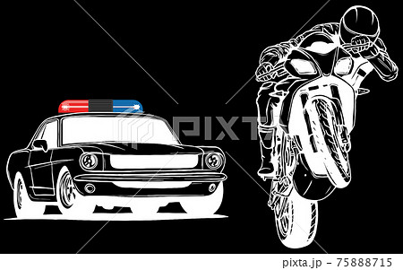 white silhouette of Police car is chasing a criminal on a motorcycle. white silhouette of Police car is chasing a criminal on a motorcycle. 75888715
