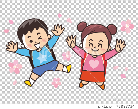 Jumping elementary school students and Sakura enrollment Jumping elementary school students and Sakura enrollment 75888734