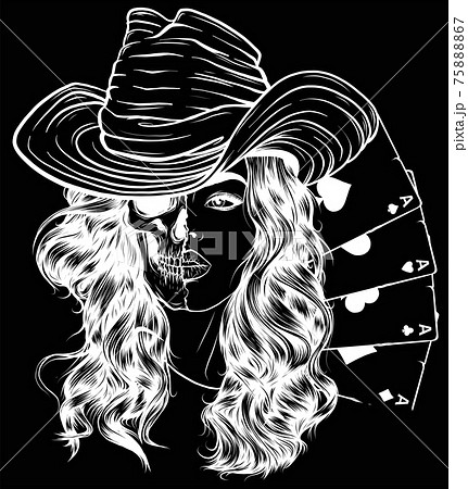 White Silhouette Of Attractive Skull Cowgirl のイラスト素材 7567