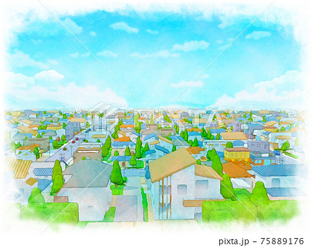 住宅街の 眺め 手描き風イラスト 水彩画風のイラスト素材