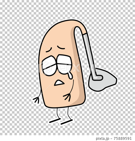 Illustration of a crying ear hearing aid character 75889591