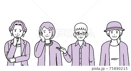 年配の女性　シニア　高齢者　人々　困る　悩む　不満　ポーズ　仕草　セット　イラスト素材 75890215