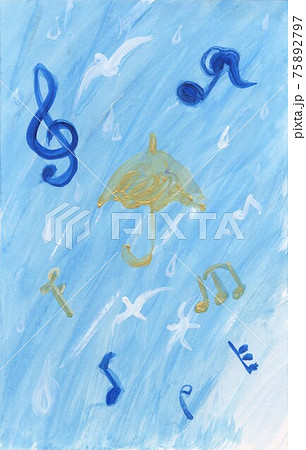 雨の中の傘や音符のかわいい水彩画のイラスト素材