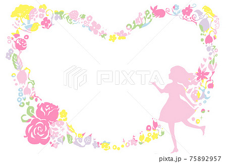 パステルのハート形の切り絵風の花と少女のフレームイラストのイラスト素材