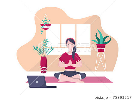 Online Lessons, Yoga and Meditation Classes By Watching Videos, Live Streaming, Internet Education On Your Laptop Or Phone At Home. Vector Illustration Online Lessons, Yoga and Meditation Classes By Watching Videos, Live Streaming, Internet Education On Your Laptop Or Phone At Home. Vector Illustration 75893217