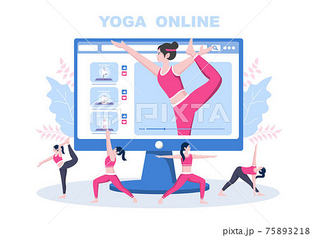 Online Lessons, Yoga and Meditation Classes By Watching Videos, Live Streaming, Internet Education On Your Laptop Or Phone At Home. Vector Illustration Online Lessons, Yoga and Meditation Classes By Watching Videos, Live Streaming, Internet Education On Your Laptop Or Phone At Home. Vector Illustration 75893218