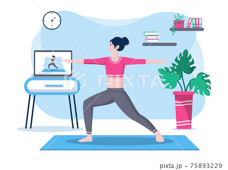 Online Lessons, Yoga and Meditation Classes By Watching Videos, Live Streaming, Internet Education On Your Laptop Or Phone At Home. Vector Illustration 75893229