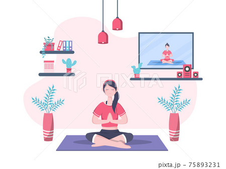 Online Lessons, Yoga and Meditation Classes By Watching Videos, Live Streaming, Internet Education On Your Laptop Or Phone At Home. Vector Illustration Online Lessons, Yoga and Meditation Classes By Watching Videos, Live Streaming, Internet Education On Your Laptop Or Phone At Home. Vector Illustration 75893231