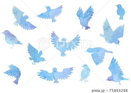 綺麗な青色の羽ばたく鳥の素材セットのイラスト素材