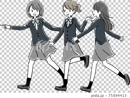 一緒に小走りする三人の女子学生のイラスト素材