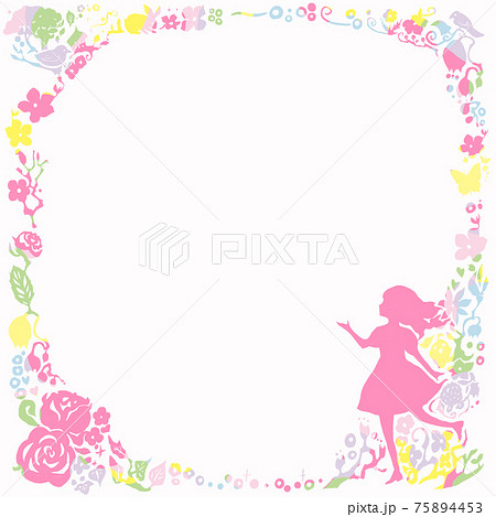 パステルカラーの切り絵風の花と少女のフレームイラスト 正方形のイラスト素材