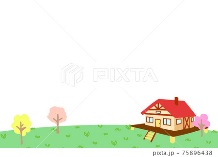 山小屋のある風景のメッセージカード はがきサイズのイラスト素材 山小屋のある風景のメッセージカード はがきサイズのイラスト素材