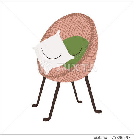 Comfortable home wicker armchair with pillows in Scandinavian style. Living room interior vector element isolated on white background. Wicker green chair with cushion cartoon flat design. 75896593